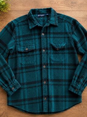 CHAPS Men’s XL Teal Green Black Plaid Fleece Shirt Jacket Shacket